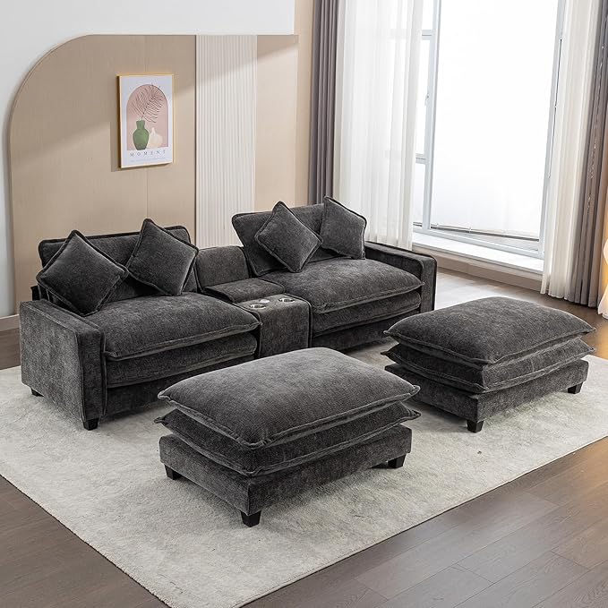 Sectional Sofa Chenille Upholstered with 2 Removable Ottoman, 2 USB Ports, 2 Cup Holders Large Storage Box for Living Room