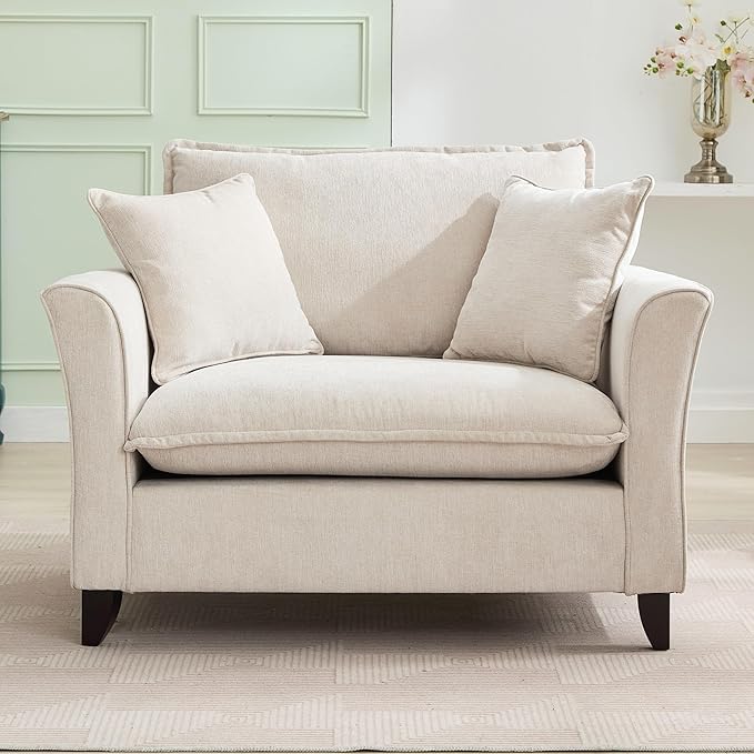 46.3 Inch Oversized Armchair Chenille Fabric Chair and a Half Single Sofa with Pillow Removable Washable Covers Rubberwood Legs Ruffled Armrests for Living Room Bedroom Office Apartment, Cream