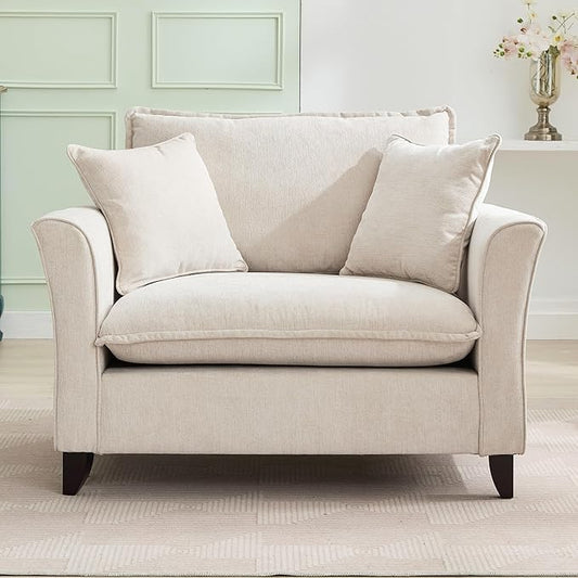 46.3 Inch Oversized Armchair Chenille Fabric Chair and a Half Single Sofa with Pillow Removable Washable Covers Rubberwood Legs Ruffled Armrests for Living Room Bedroom Office Apartment, Cream