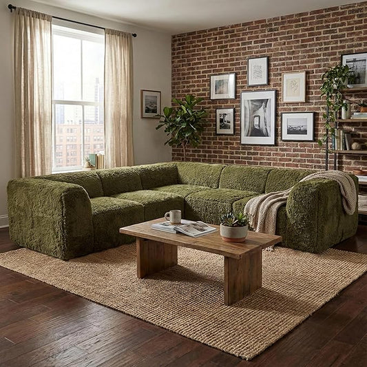 Furniture of America Havyn Modern Faux Fur 5-Seater L-Shaped Modular Foam Sectional Sofa, Compressed Couch in a Box, No Assembly Required, for Living Room and Office, Olive Green