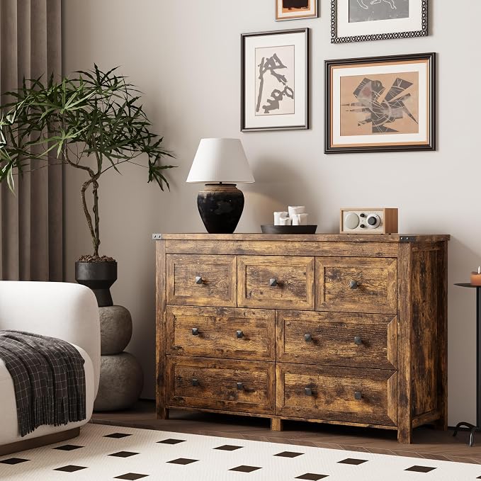 Dresser for Bedroom with 7 Drawers, Farmhouse Wood Chest of Drawers, Wide TV Stand Closet Storage Furniture with Metal Handle, Modern Clothes Organizer for Hallway, Living Room, Entryway, Brown - Image 2