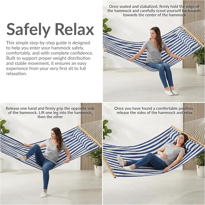 Sunnydaze Quilted Double Hammock for Outside with Spreader Bars and Pillow - 450 lb Capacity, 74x55 Inch Bed, UV Resistant, Quick Dry - Chains Included, Stand Sold Separately - Blue & White Stripe - Image 6