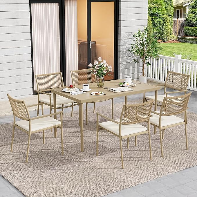Outdoor Dining Set for 2, Patio Dining Chair with Soft Cushion, Matte Metal Spray Coating Patio Dining Chair, 2 Wicker Rattan Chairs for Backyard, Garden & Poolside,Beige - Image 8