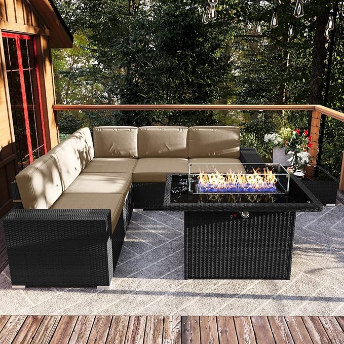 7 Pieces Patio Furniture Set with 44" Propane Gas Fire Pit Table, Outdoor Sectional Wicker Conversation Sofa Sets with Coffee Table