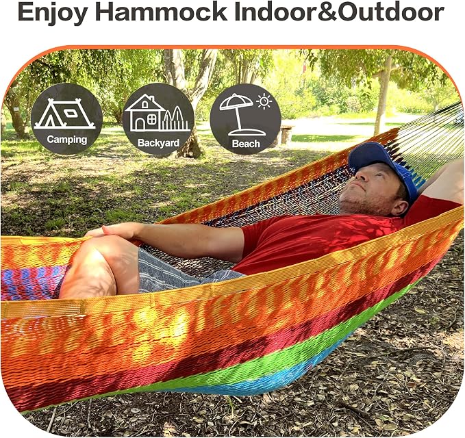 CHULIM Handwoven Mayan Hammock with 10ft Tree Straps, 550lbs Capacity Soft Rope Double Hammock, Portable Outdoor Hammock with Carry Bag for Camping Backyard Beach - Coffee - Image 6