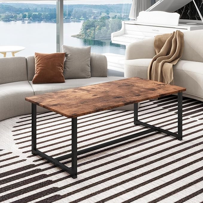 35.4" Rectangular Coffee Table for Living Room, Modern Industrial Style Coffee Table Center Table with Metal Frame for Small Space, Apartment, Office, Easy Assembly, Brown