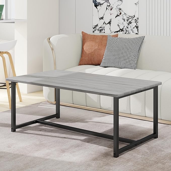 35.4" Rectangular Coffee Table for Living Room, Modern Industrial Style Coffee Table Center Table with Metal Frame for Small Space, Apartment, Office, Easy Assembly, Grey