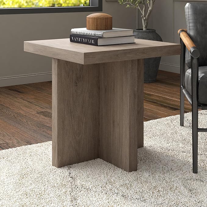 Henn&Hart 22" Scandinavian Square End Table, Side Table, Nightstand with X-Base for Living Room, Office, Family Room, or Bedroom, Antiqued Gray Oak