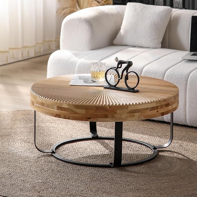 Wood Round Coffee Table, Farmhouse Circle Coffee Table with Metal Base, 31.5" Round Center Table for Living Room Office Natural+Black