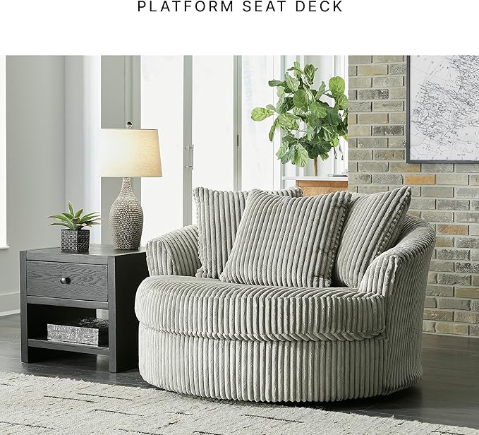 Signature Design by Ashley Lindyn Contemporary Oversized Accent Chair with 360-Degree Swivel, Feather Blend Throw Pillows, Corded Fabric, Gray