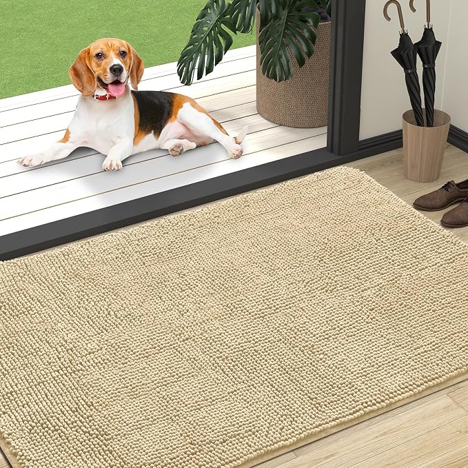 OLANLY Dog Door Mat for Muddy Paws 47x32, Absorbs Moisture and Dirt, Absorbent Non-Slip Washable Doormat, Quick Dry Chenille Mud Mat for Dogs, Entry Indoor Entryway Carpet for Inside Floor, Sand by OLANLY
