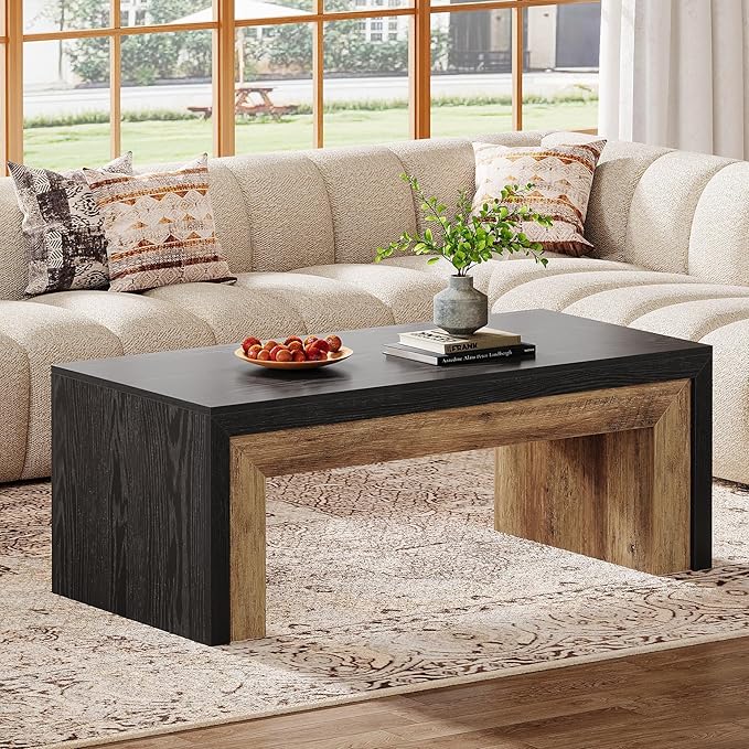 Tribesigns 47-Inch Coffee Table for Living Room, Mid-Century Modern Coffee Table with Sturdy Base, Farmhouse Rectangle Accent Center for Apartment, Easy Assembly (Black & Walnut)