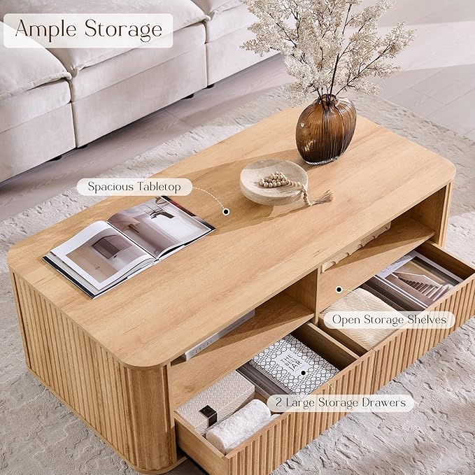 ACCOHOHO 51" Fluted Coffee Table with Storage, Large Modern Center Table with 2 Drawers, Rectangle Wood Coffee Table for Living Room