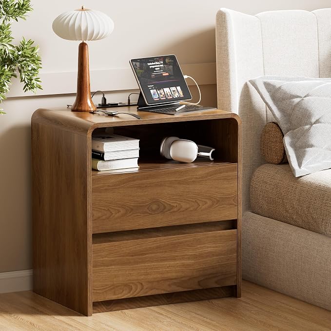 Modern Nightstand Set of 2 23.8" Walnut Nightstands with Hidden Drawers Wood Modern Bedside Table Curved Profile Night Stands for Bedrooms Set of 2 - Image 2