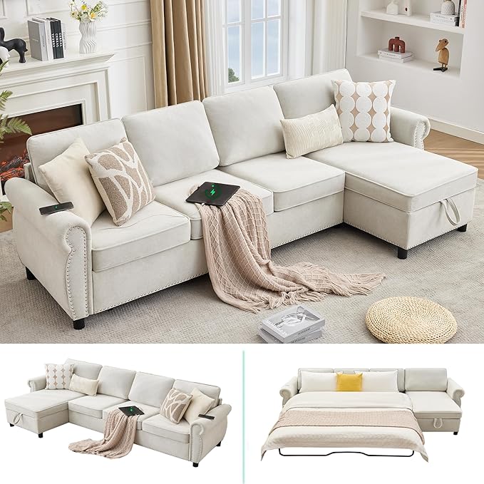 ERYE L-Shaped Reversible Sectional Sofa with Pull Out Queen Memory Mattress Sleeper Bed, 2-in-1 L-Shaped Corner Sectional Couches W/Wireless Charging, Storage Chaise Lounge