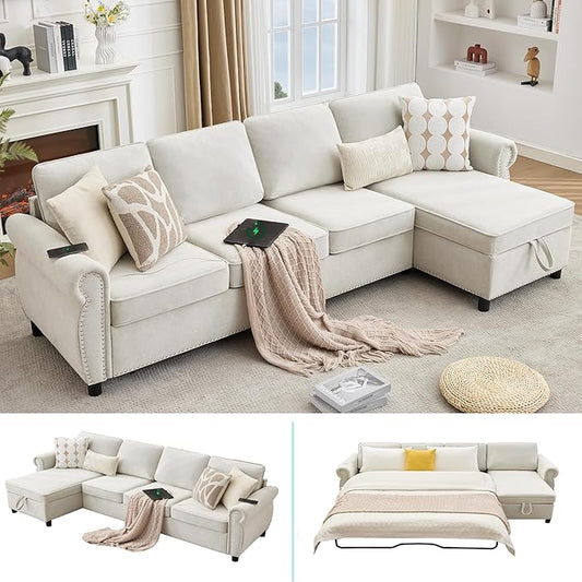 ERYE L-Shaped Reversible Sectional Sofa with Pull Out Queen Memory Mattress Sleeper Bed, 2-in-1 L-Shaped Corner Sectional Couches W/Wireless Charging, Storage Chaise Lounge