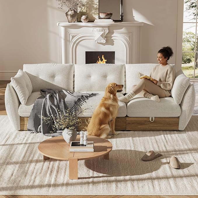 98" 3-Seater Cloud Couch Sectional Modular Sofa with Storage, Cotton and Linen Fabrics Modern Oversized Deep Seat Sofa with Armrest Pillow, Easy Assembly for Living Room, Apartment, Ivory