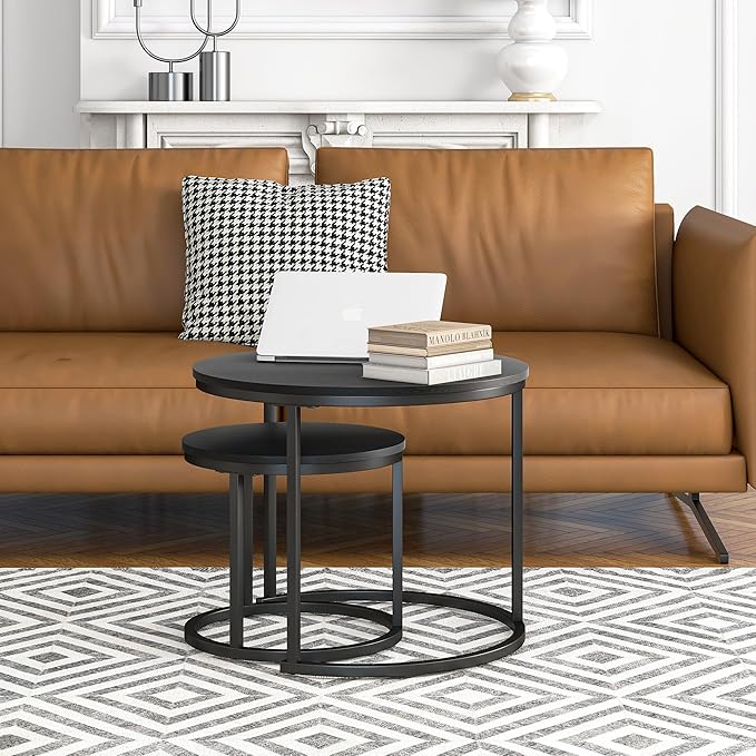 HOJINLINERO Round Coffee Table,Nesting Coffee Table Set of 2,Center Tables for Living Room,Office, Home Small Space,Stacking Side Tables,Sturdy and Easy Assembly,Wood Desktop,Black,Small