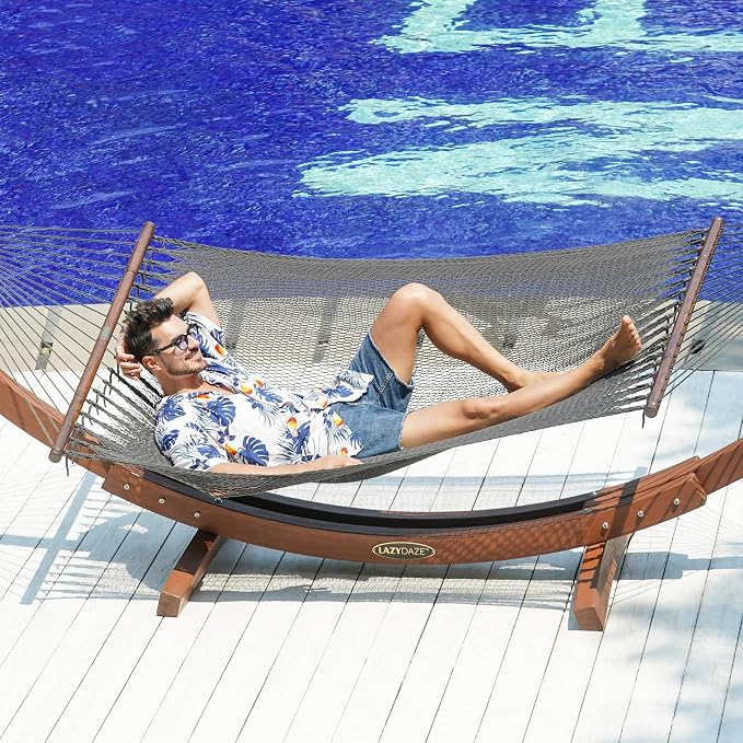 Lazy Daze Hammocks 10.5 FT Double 2 Person Caribbean Rope Hammock, Hand Woven Polyester Hammock with Spreader Bars, for Outside Outdoor Backyard Patio Poolside, 450 LBS Capacity, Gray - Image 9