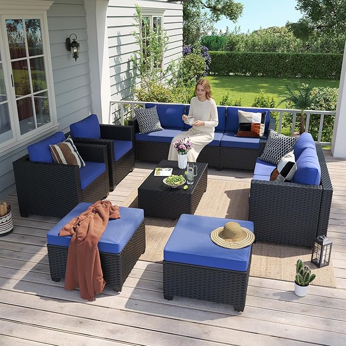 Aoxun 10 Piece Outdoor Patio Furniture Set 9 Seats, Outdoor Sectional with Thick Waterproof Cushions & Storage Coffee Table, Patio Conversation Sets for Garden,Backyard, Porch, Balcony, Deck, Blue