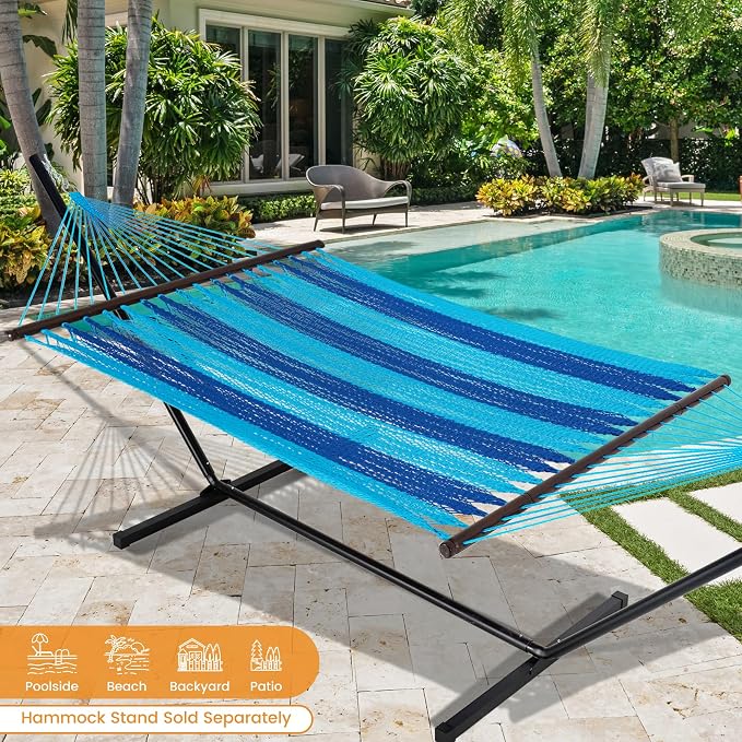 Lazy Daze Hammocks 10.5 FT Double 2 Person Caribbean Rope Hammock, Hand Woven Polyester Hammock with Spreader Bars, for Outside Outdoor Backyard Patio Poolside, 450 LBS Capacity, Blue/SkyBlue - Image 2