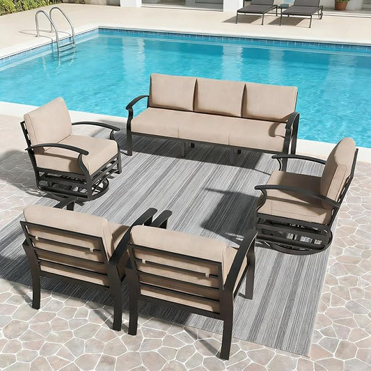 Aluminum Outdoor Patio Furniture Set,5 Pieces 7 Seats Patio Conversation Sets with 2 Swivel Rocking Chairs,Metal Patio Sectional Furniture Set with 5.1" Thickened Cushions,Sand