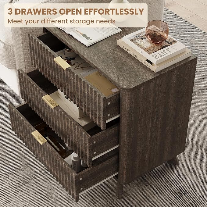 24" Tall Fluted Nightstand,3 Drawers End Table with Metal Handle,Modern Side Table with Storage,Night Stand Wood Bedside Tables for Bedroom,Curved Profile Design,Walnut - Image 3