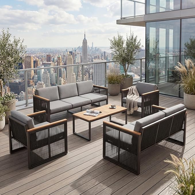 5 Piece Patio Conversation Set for 7, Modular Patio Sofa Couch with Cushions, Rattan Outdoor Patio Furniture Set with Loveseat/Coffee Table, Outdoor Sectional Furniture for Deck/Porch, Grey