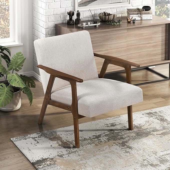 Lexicon Mid Century Modern Accent Chair, Upholstered Lounge Armchair, Single Sofa Seat, Brown Finish Solid Wood Framed Comfy Side Chairs for Living Room/Bedroom/Office/Waiting Area, Beige