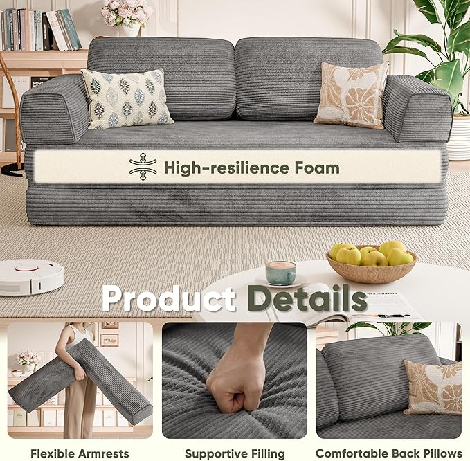 Homall 4-in-1 Convertible Sofa Bed, Oversized Boneless Couch with 4 Frame Kits and Removable Armrests, Corduroy Sleeper Sofa with 2 Pillows for Small Space, No Assembly Required (Gray)