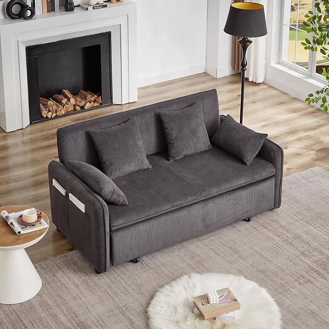 Ball & Cast 66" Convertible Sofa Bed,3-in-1 Corduroy Loveseat Sleeper Pull Out Couch Bed with Pillows and Side Pockets, Deep Seat Comfy Sofa Couches for Living Room,Apartment,Dark Grey