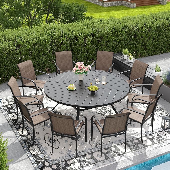 DIFY Patio Dining Set for 10, 11 Piece Outdoor Table and Chairs Set, 59.8" Black Round Metal Patio Dining Table and 10 Brown Textilene Stackable Patio Chairs, for Backyard Garden Poolside by DIFY
