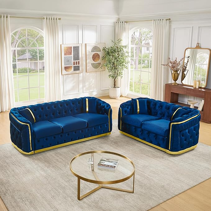 KEIKI 2-Piece Luxury Chesterfield Sofa Set with 1 Velvet 3-Seater Sofa & 1 Loveseat Sofa, 5-Seater Couch Set with 4 Pillow, Gold Stainless Decoration and Rolled Arms, for Living Room, Navy