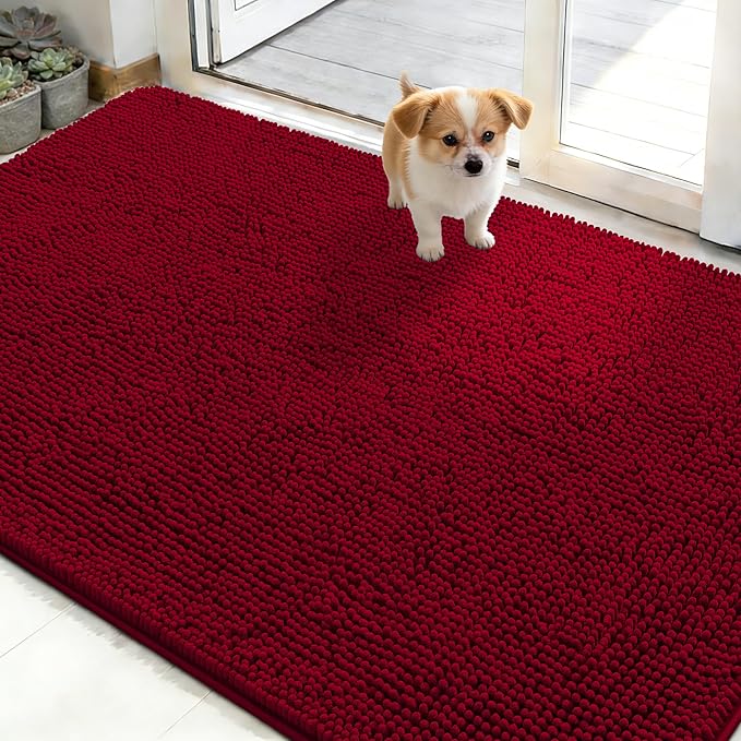 OLANLY Dog Door Mat for Muddy Paws 50x30, Absorbs Moisture and Dirt, Absorbent Non-Slip Washable Doormat, Quick Dry Chenille Mud Mat for Dogs, Entry Indoor Entryway Carpet for Inside Floor, Red by OLANLY