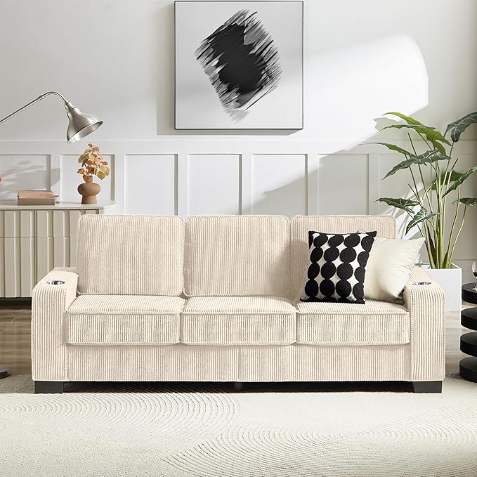 83" Modern Cloud Sofas for Living Room Bedroom, 3 Seat Modular Couch Soft Corduroy Upholstered Loveseat Couches with Cupholders for Home Apartment Office Studio