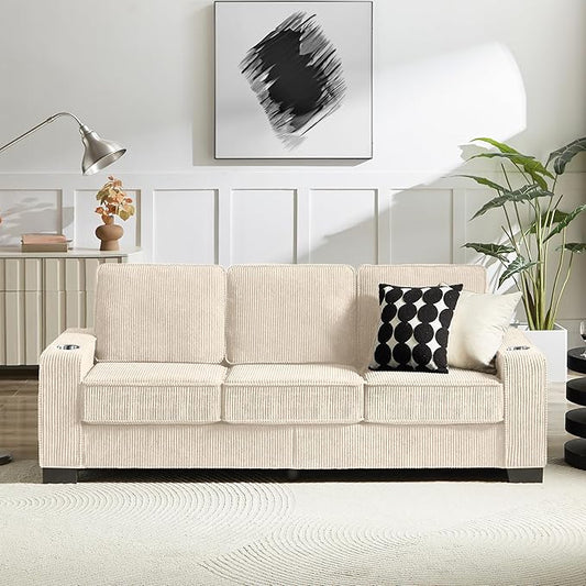 83" Modern Cloud Sofas for Living Room Bedroom, 3 Seat Modular Couch Soft Corduroy Upholstered Loveseat Couches with Cupholders for Home Apartment Office Studio