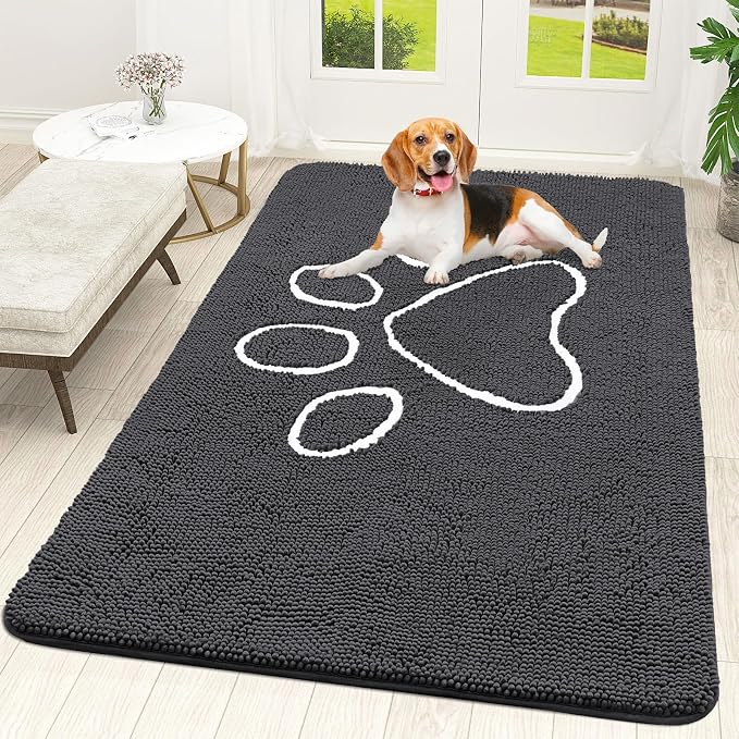 OLANLY Dog Door Mat for Muddy Paws 70x46, Paw Print Design, Absorbs Moisture and Dirt, Absorbent Non-Slip Washable Doormat, Quick Dry Chenille Mud Mat for Dogs, Entry Indoor Entryway Carpet, Dark Grey by OLANLY