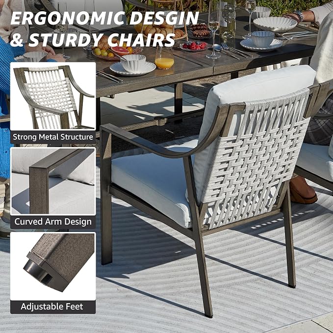 NATURAL EXPRESSIONS 7 Piece Patio Dining Table Outdoor Furniture Set for 6, 6Pcs Fixed Dining Chairs with Olefin Cushions, 65”Large Dining Table with Umbrella Hole - Image 5