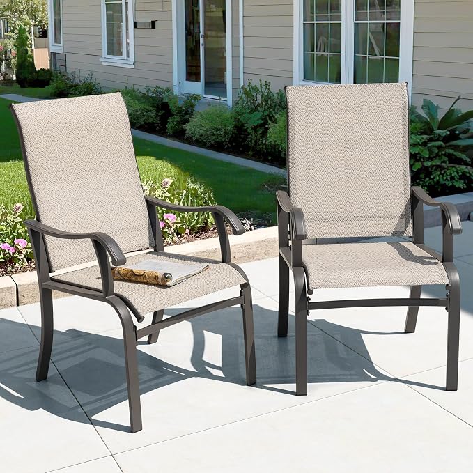 NUU GARDEN Patio Dining Chairs Set of 2, Outdoor Dining Chair with Powder-Coated Frame, All Weather Metal Dining Chairs with Textilene High Back and Wider Seat for Backyard, Deck, Balcony, Beige - Image 4