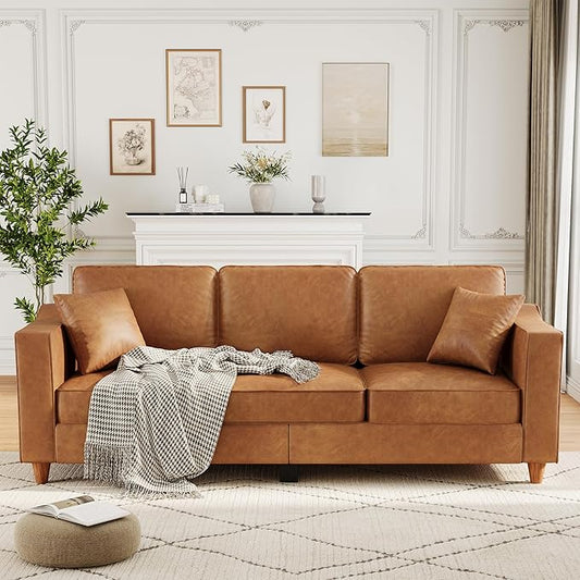 GarveeHome 3-Seater Sofa Couch with 2 Throw Pillows, 85 Inches Faux Leather Couch with Wide Armrests, Deep Seats, Wood Legs, Back Cushion, Sturdy Support Feet, Couches for Living Room, Office, Brown