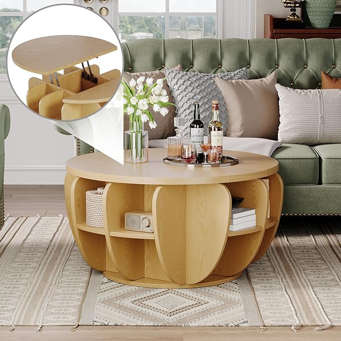 32.7" Lift Top Coffee Table with Storage, Natural Wood Round Center Table with Hidden Storage Compartment & Shelves, Mid Century Modern Coffee Tables for Living Room Rustic Accent Small Center Table