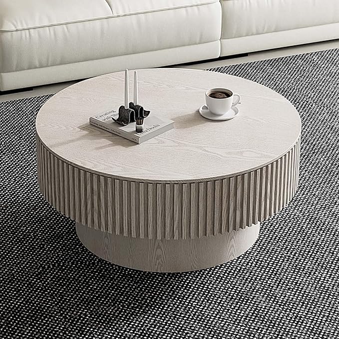 Round Coffee Table with Storage, Modern Wooden Coffee Table with Solid Wood Veneered, Circle Center Table Accent Tea Table for Living Room Small Space (31.5''L × 31.5''W × 14''H, Retro White)