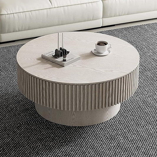 Round Coffee Table with Storage, Modern Wooden Coffee Table with Solid Wood Veneered, Circle Center Table Accent Tea Table for Living Room Small Space (31.5''L × 31.5''W × 14''H, Retro White)