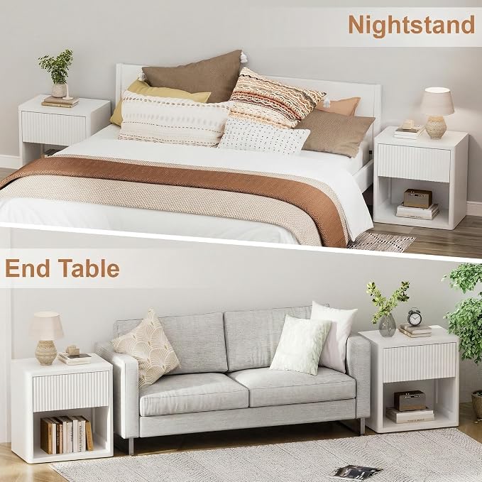 XIAO WEI 22.8" Wide White Fluted Nightstands with Hidden Drawer, Modern Bedside Table with Open Shelf, Large White Accent End Table, Curved Safety Profile Design - Image 4
