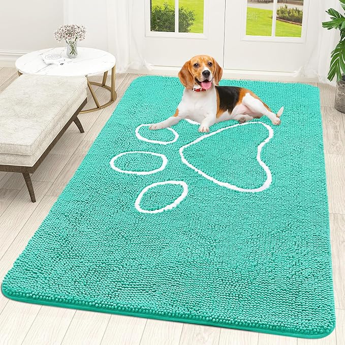 OLANLY Dog Door Mat for Muddy Paws 59x35, Paw Print Design, Absorbs Moisture and Dirt, Absorbent Non-Slip Washable Doormat, Quick Dry Chenille Mud Mat for Dogs, Entry Indoor Entryway Carpet, Teal by OLANLY