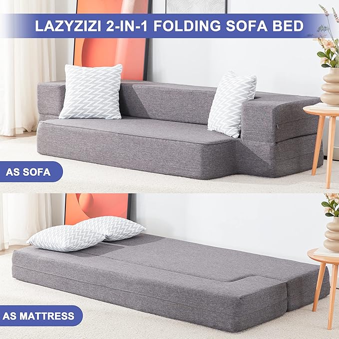 Floor Sofa Bed, Convertible Sleeper Lounge Couch Folding Mattress with 2 Pillows & Washable Cover for Living Room, Guest, Playroom 8inches Twin