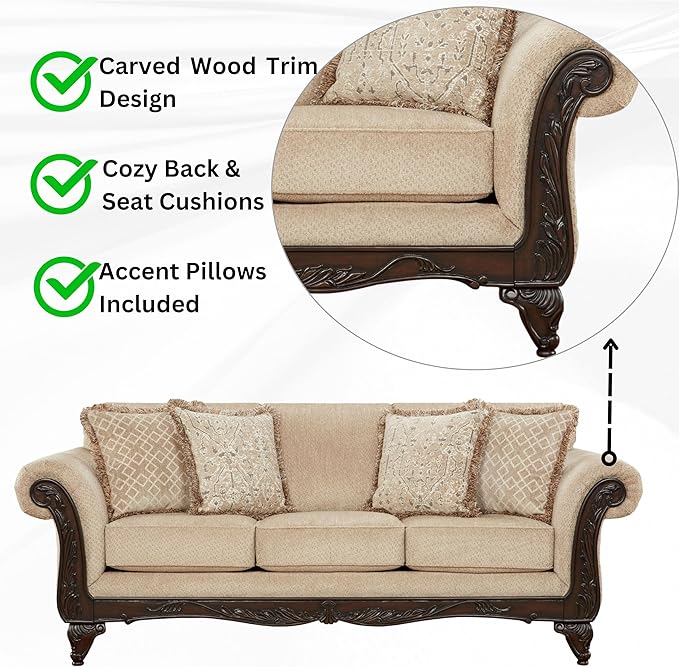 Hernen Carved Wood Frame Sofa, Beige Wheat