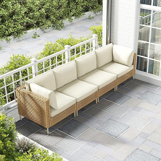 LHBcraft 4 Piece Wicker Patio Furniture Set Boho, Modular Outdoor Couch, Outdoor Conversation Set Sectional Sofa with Water Resistant Fluffy Cushions and Coffee Table, Beige