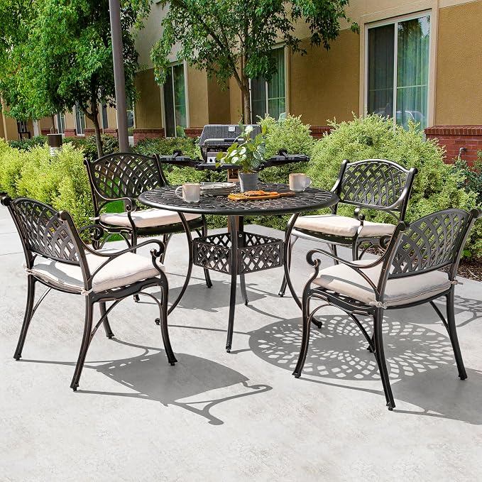 NUU GARDEN 5 Piece Outdoor Patio Dining Set with Beige Cushions, Cast Aluminum Round Dining Table with Umbrella Hole and Patio Dining Chairs for Garden, Balcony, Black with Bronze Edge - Image 4