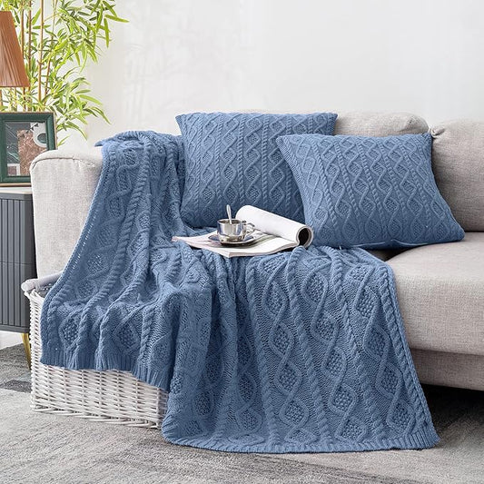 Homiest Cable Knit Throw Blanket and Pillow Set, Grayish Blue Throw Blanket Set of 3, Knitted Throw Blanket (50"x60") & 2 Pillow Covers (18"x18"), Soft & Cozy Decorative for Couch Sofa Bed